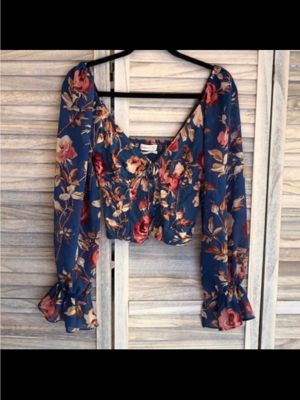 Floral Blue Peasant Crop Top with Long Sleeves
